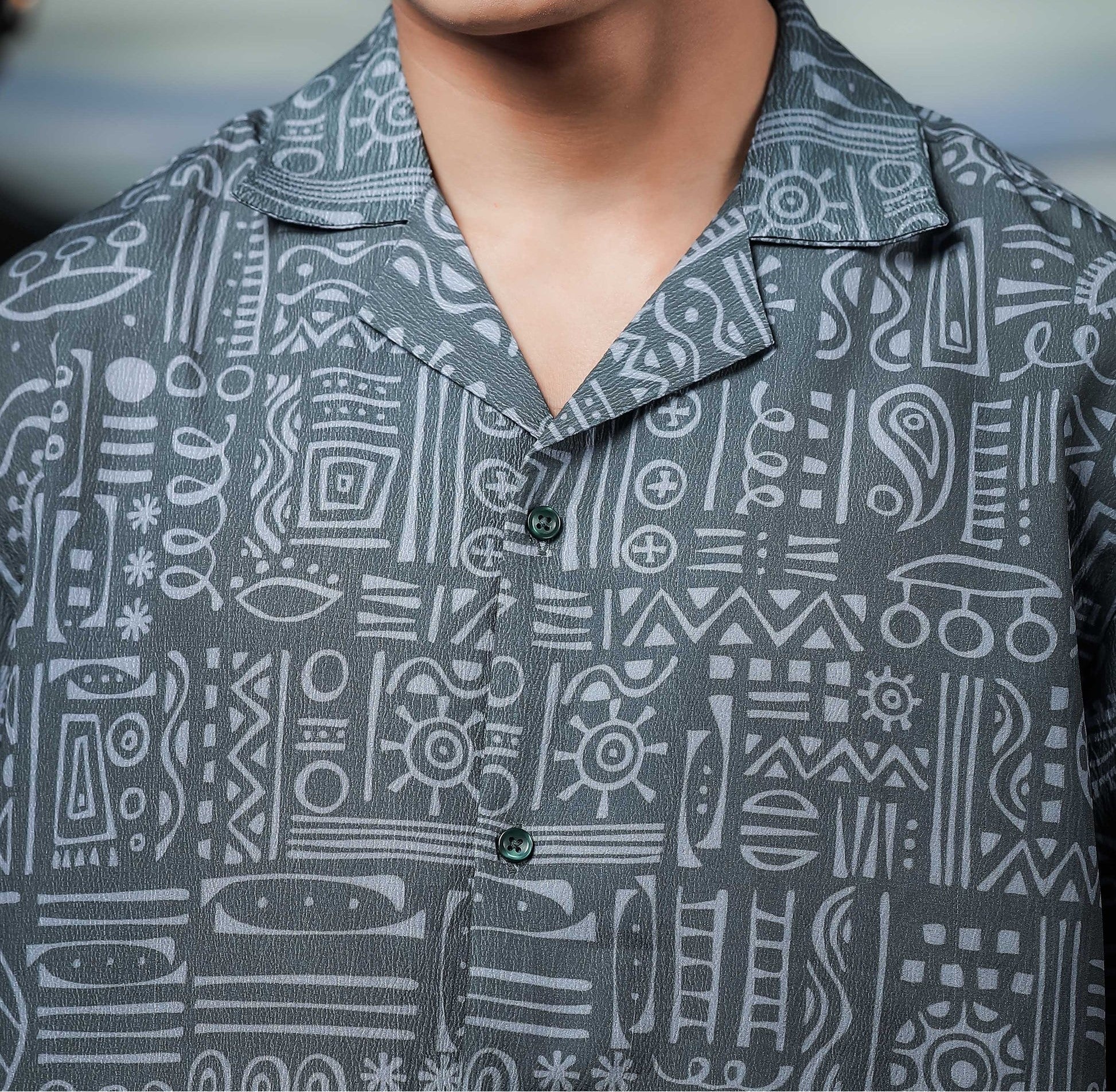 Men’s Tribal Print Cord Set – Premium Grey Streetwear Co-ord Shirt & Shorts