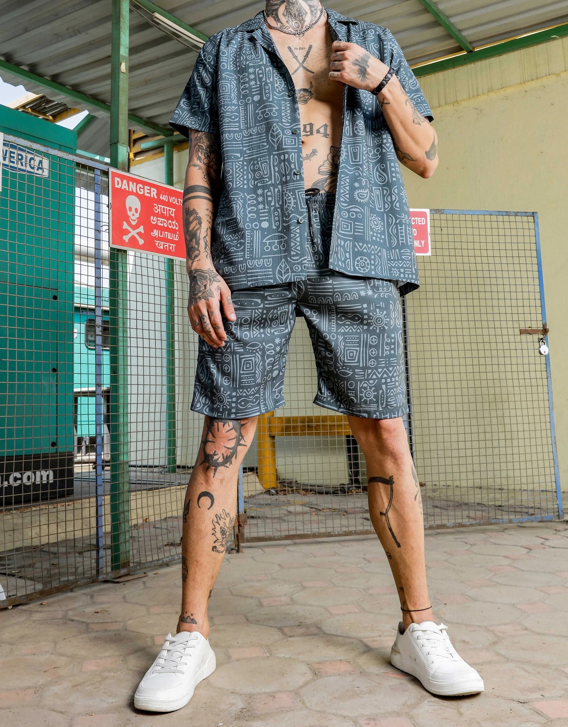 Men’s Tribal Print Cord Set – Premium Grey Streetwear Co-ord Shirt & Shorts