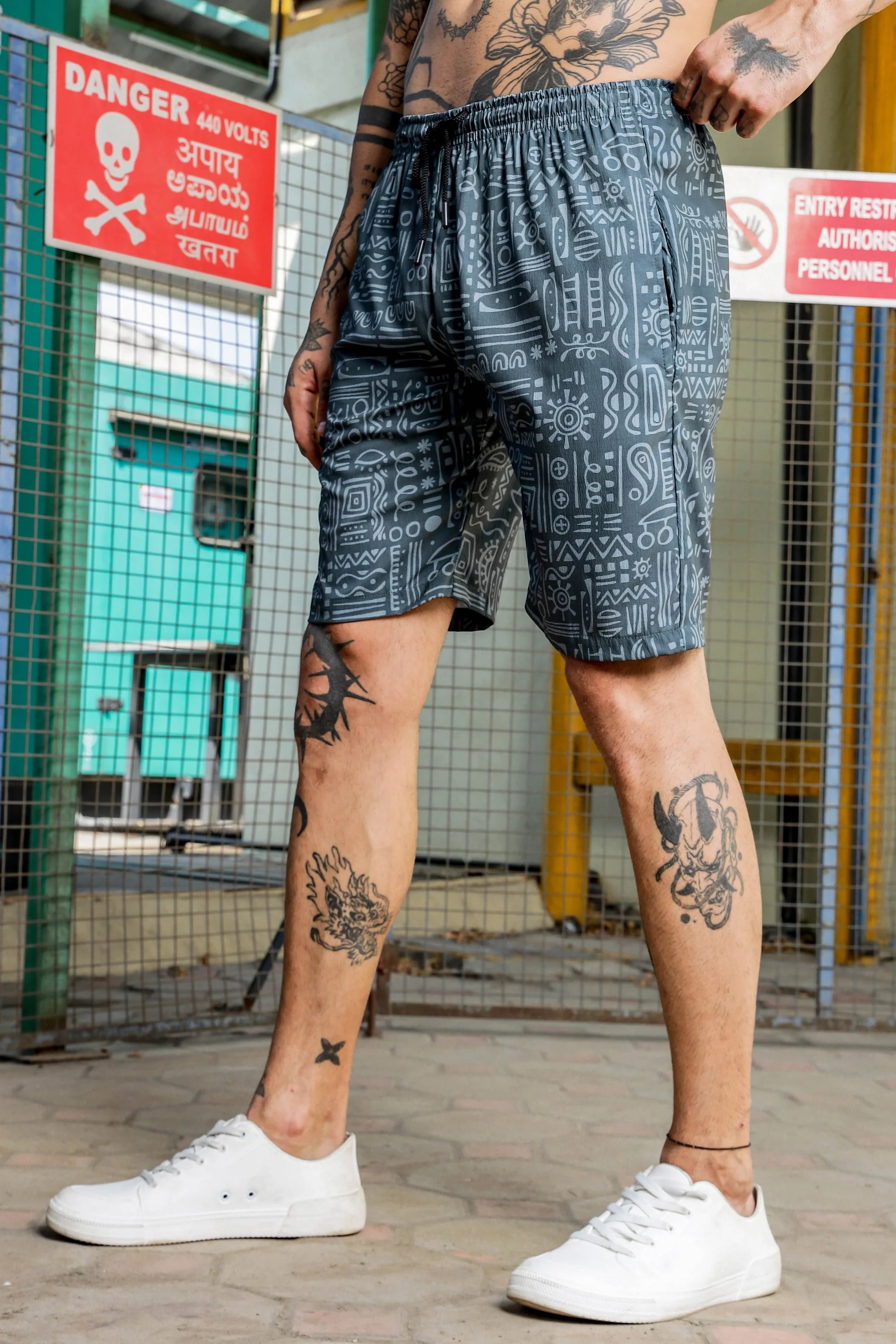Men’s Tribal Print Cord Set – Premium Grey Streetwear Co-ord Shirt & Shorts
