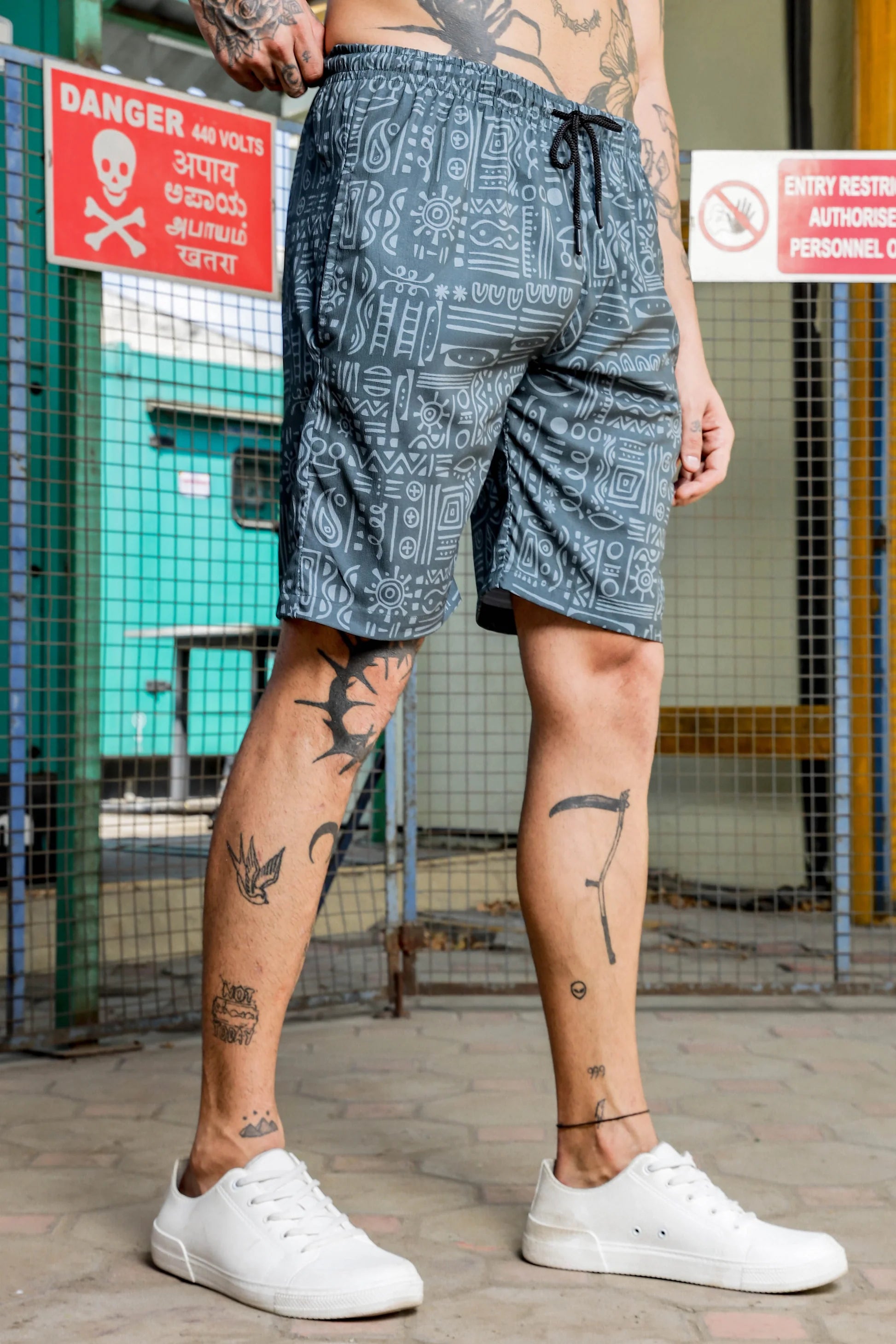 Men’s Tribal Print Cord Set – Premium Grey Streetwear Co-ord Shirt & Shorts