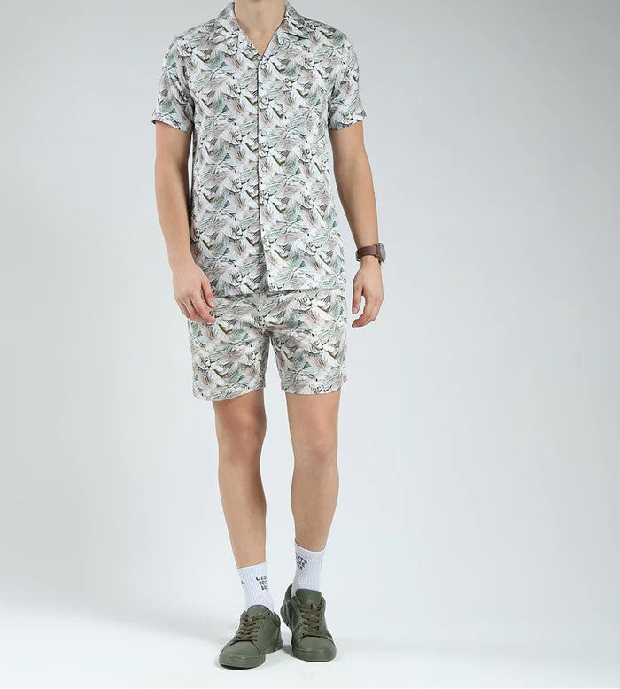 Men’s Tropical Leaf Print Co-ord Set – Short Sleeve Shirt & Shorts (Light Grey/Green)