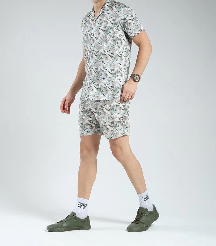 Men’s Tropical Leaf Print Co-ord Set – Short Sleeve Shirt & Shorts (Light Grey/Green)