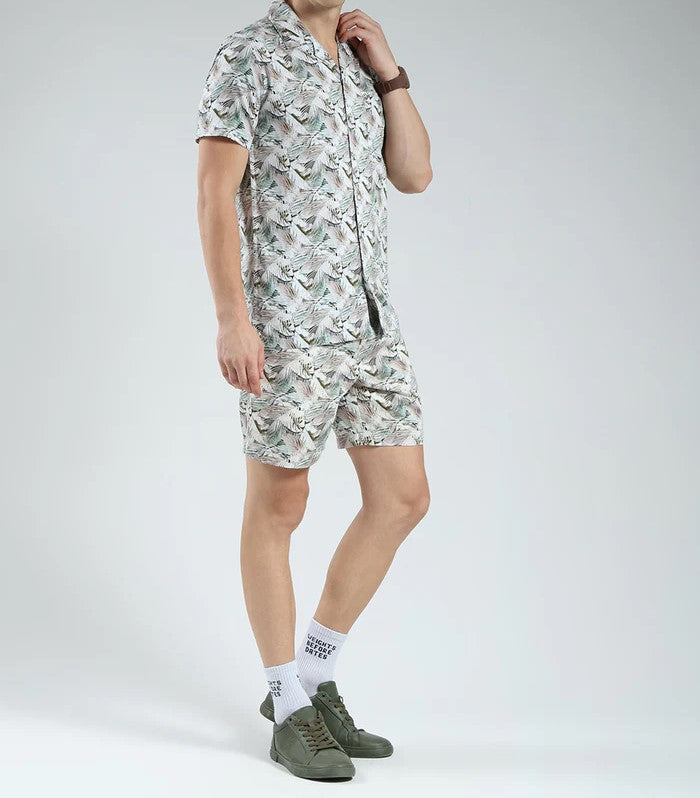 Men’s Tropical Leaf Print Co-ord Set – Short Sleeve Shirt & Shorts (Light Grey/Green)