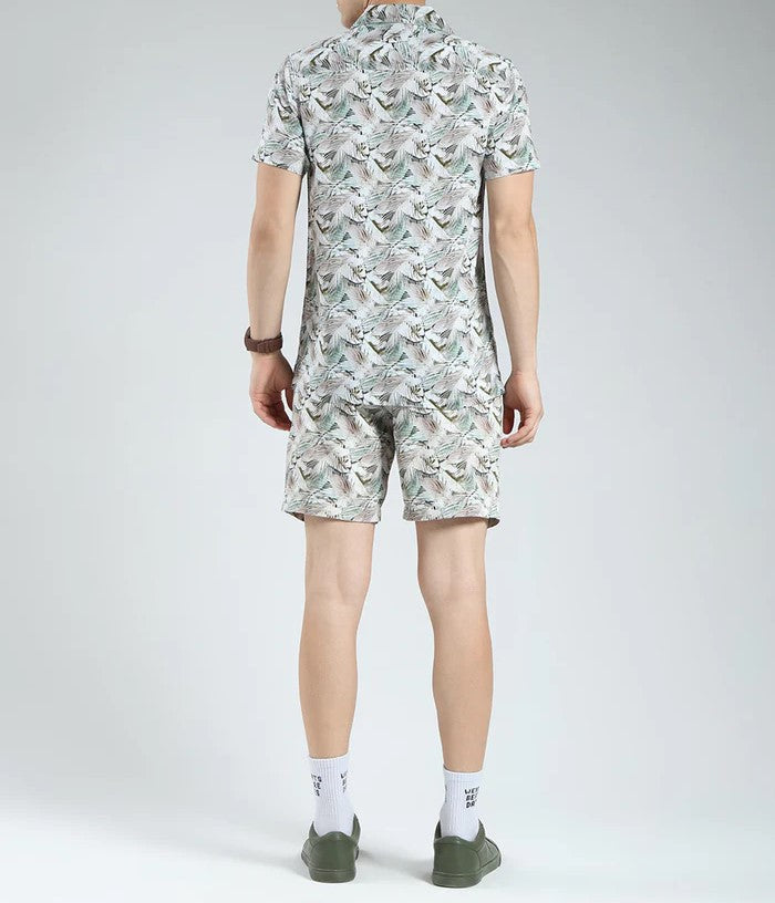 Men’s Tropical Leaf Print Co-ord Set – Short Sleeve Shirt & Shorts (Light Grey/Green)
