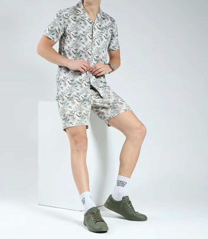 Men’s Tropical Leaf Print Co-ord Set – Short Sleeve Shirt & Shorts (Light Grey/Green)