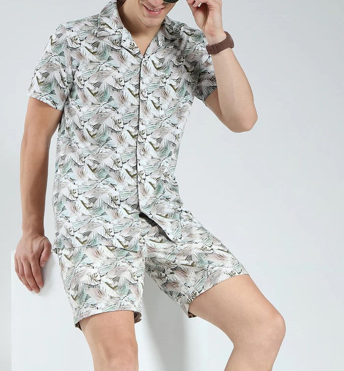 Men’s Tropical Leaf Print Co-ord Set – Short Sleeve Shirt & Shorts (Light Grey/Green)