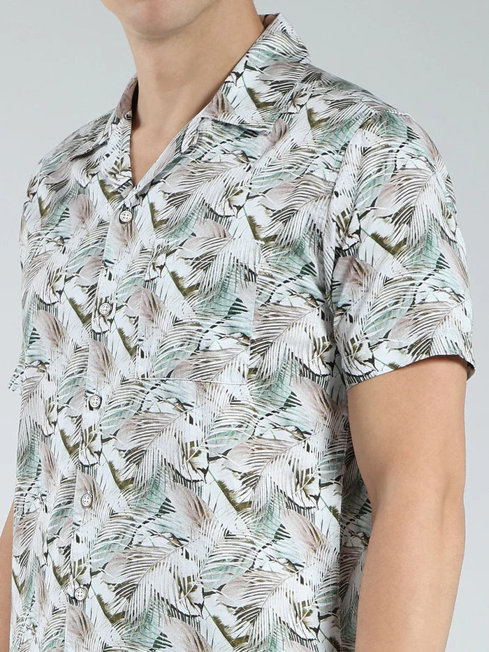 Men’s Tropical Leaf Print Co-ord Set – Short Sleeve Shirt & Shorts (Light Grey/Green)
