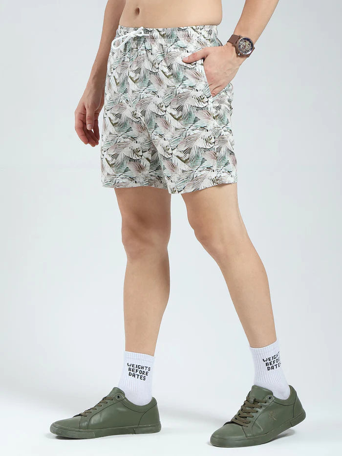 Men’s Tropical Leaf Print Co-ord Set – Short Sleeve Shirt & Shorts (Light Grey/Green)