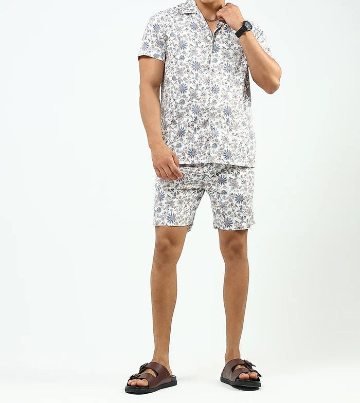 Men’s Floral Print Co-ord Set – Short Sleeve Shirt & Shorts (White/Blue)