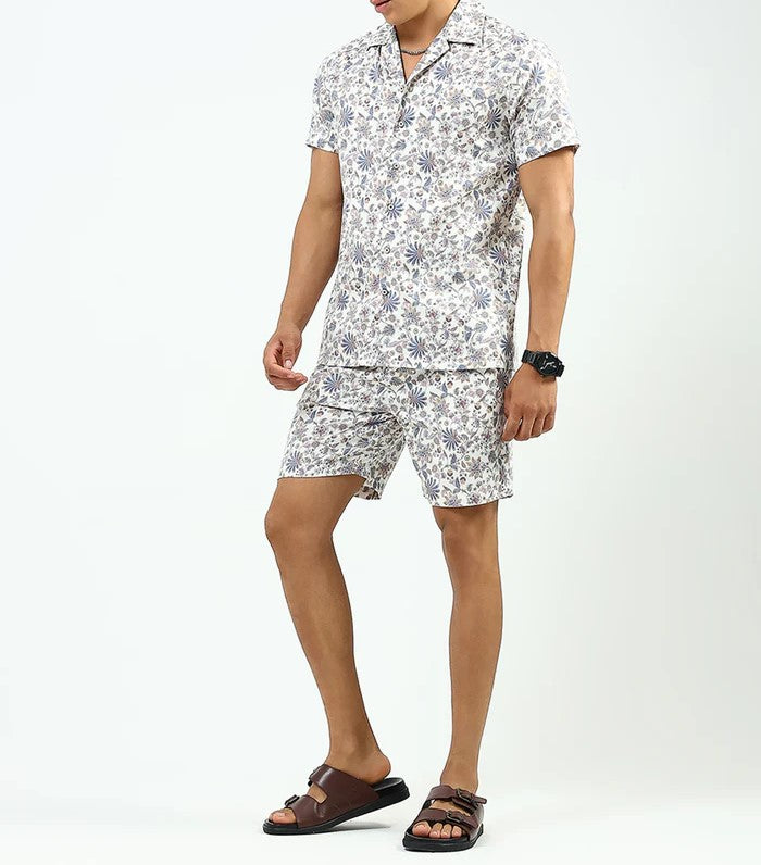 Men’s Floral Print Co-ord Set – Short Sleeve Shirt & Shorts (White/Blue)