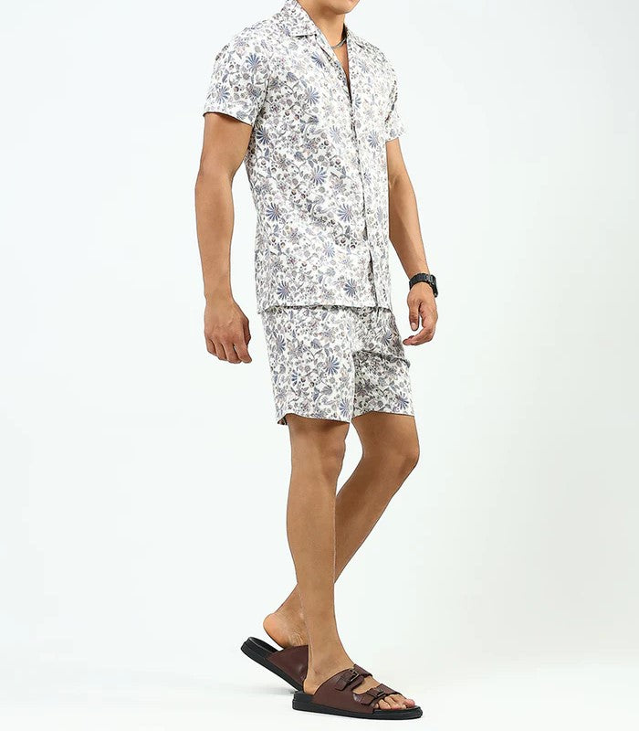 Men’s Floral Print Co-ord Set – Short Sleeve Shirt & Shorts (White/Blue)