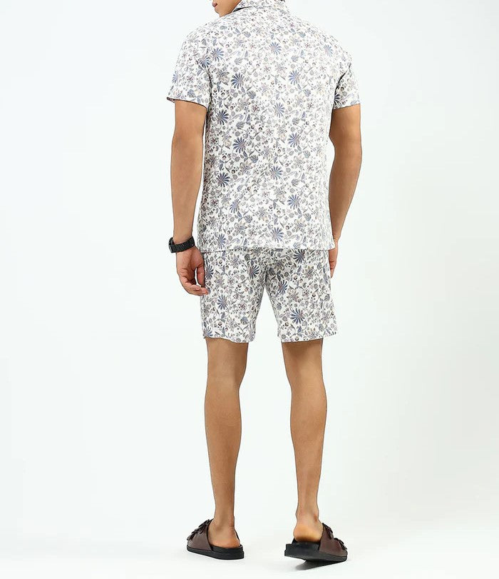 Men’s Floral Print Co-ord Set – Short Sleeve Shirt & Shorts (White/Blue)