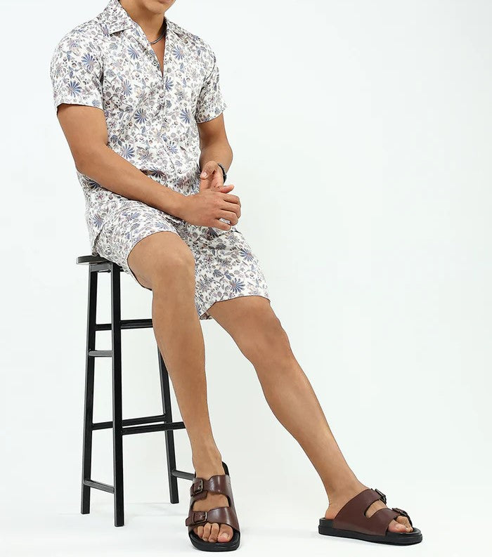 Men’s Floral Print Co-ord Set – Short Sleeve Shirt & Shorts (White/Blue)