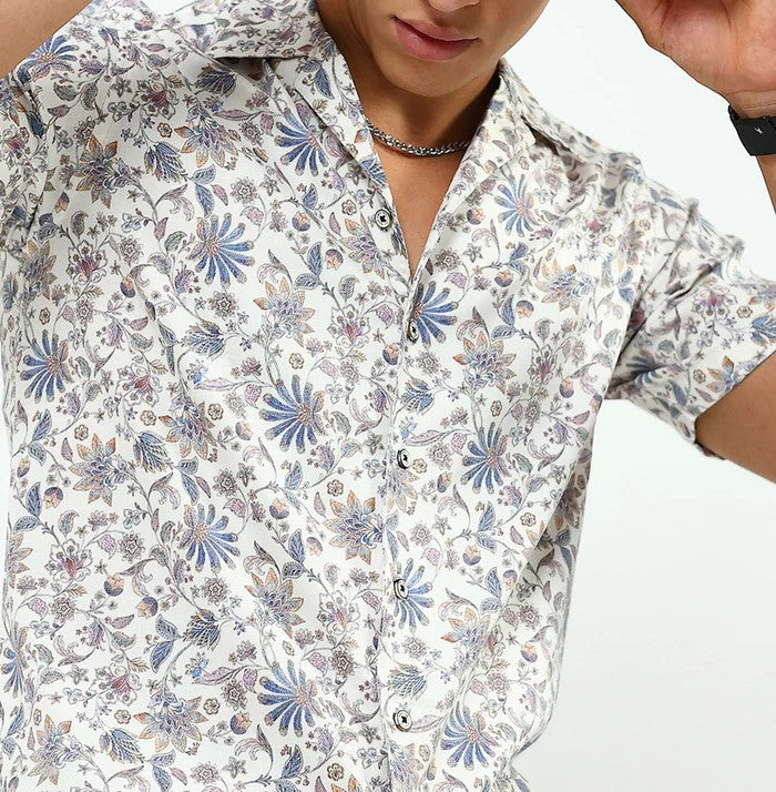 Men’s Floral Print Co-ord Set – Short Sleeve Shirt & Shorts (White/Blue)