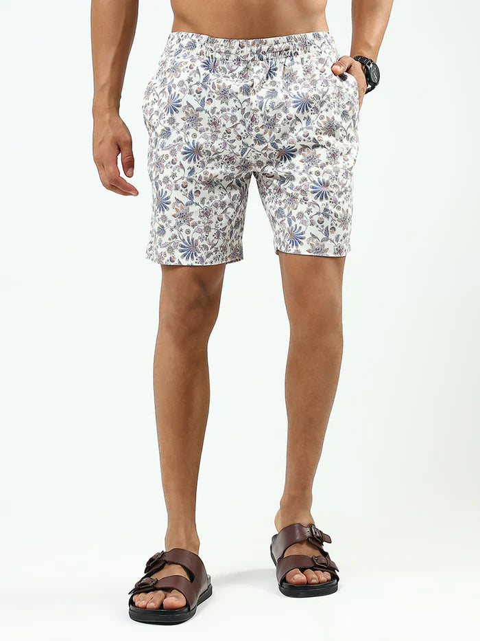 Men’s Floral Print Co-ord Set – Short Sleeve Shirt & Shorts (White/Blue)