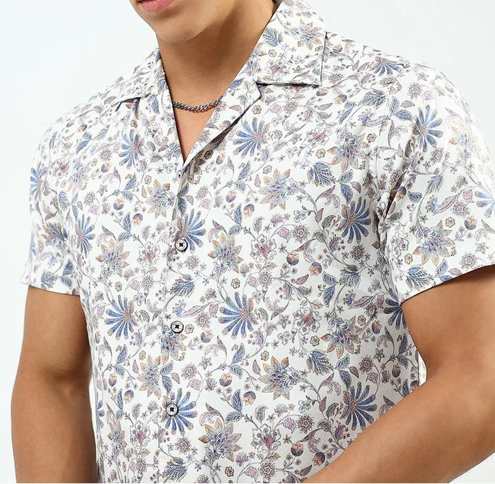 Men’s Floral Print Co-ord Set – Short Sleeve Shirt & Shorts (White/Blue)