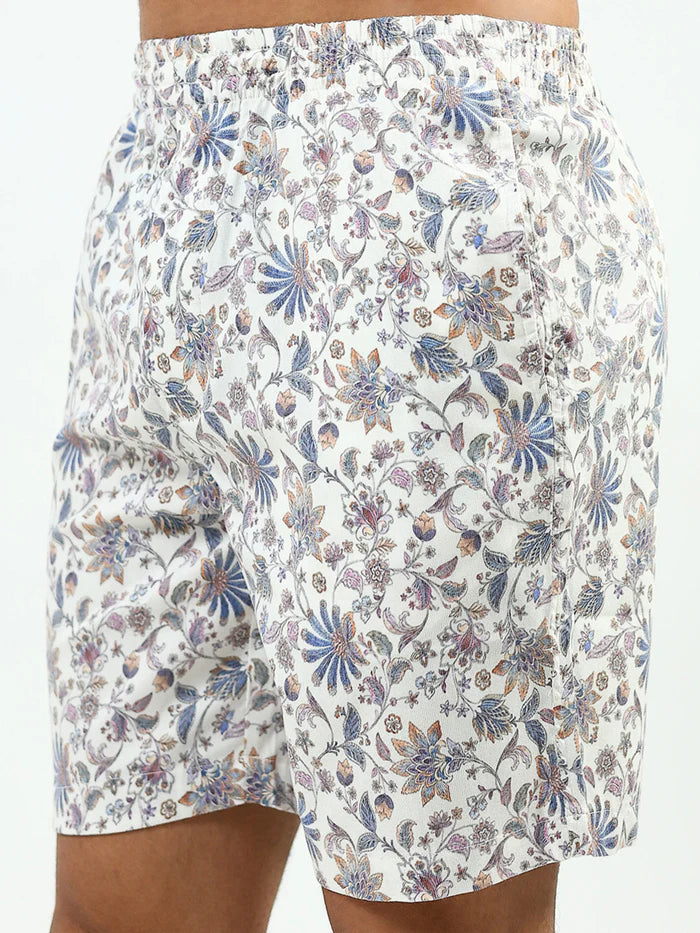 Men’s Floral Print Co-ord Set – Short Sleeve Shirt & Shorts (White/Blue)