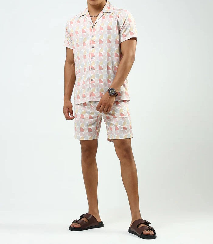 Men’s Geometric Print Co-ord Set – Short Sleeve Shirt & Shorts (Peach Multi)