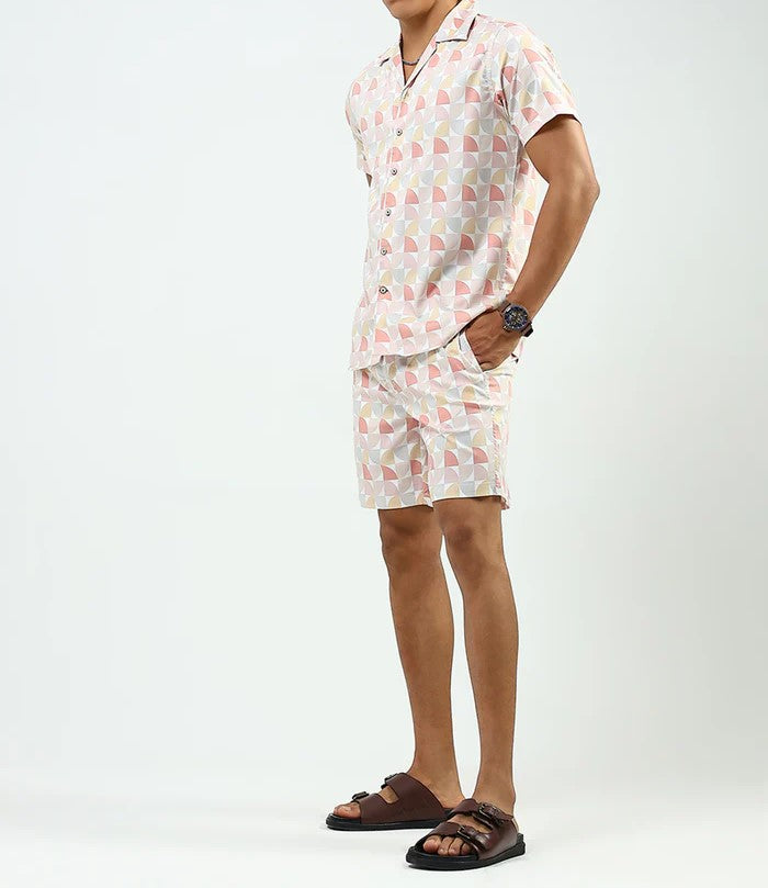Men’s Geometric Print Co-ord Set – Short Sleeve Shirt & Shorts (Peach Multi)