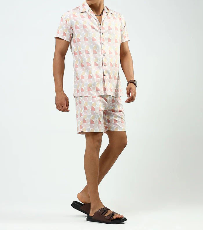 Men’s Geometric Print Co-ord Set – Short Sleeve Shirt & Shorts (Peach Multi)