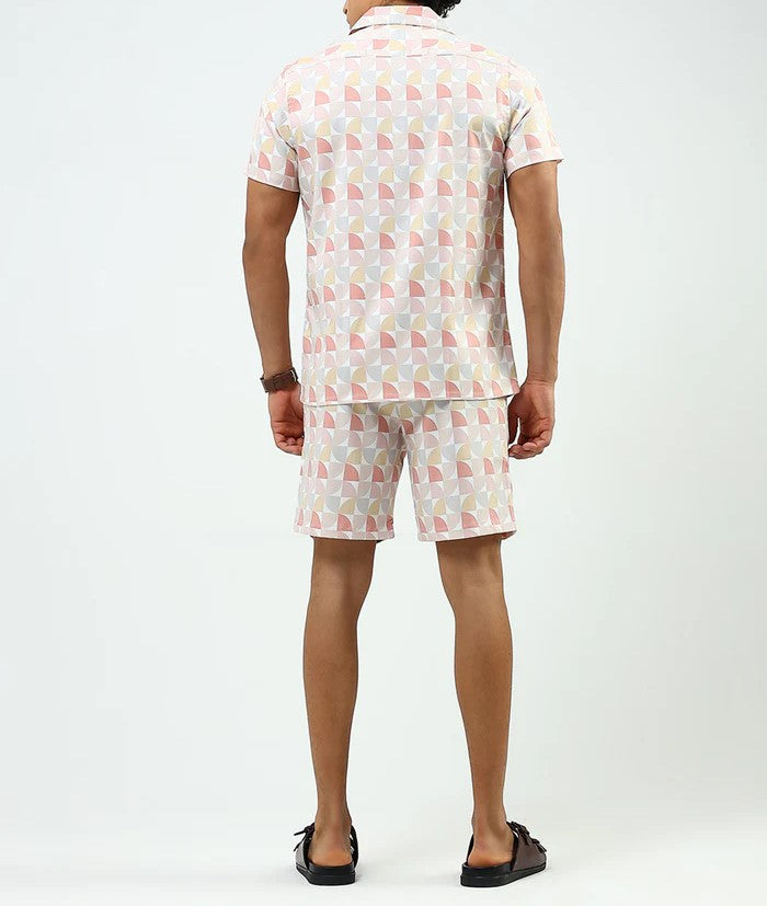 Men’s Geometric Print Co-ord Set – Short Sleeve Shirt & Shorts (Peach Multi)