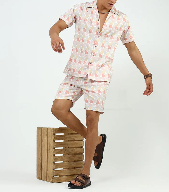 Men’s Geometric Print Co-ord Set – Short Sleeve Shirt & Shorts (Peach Multi)