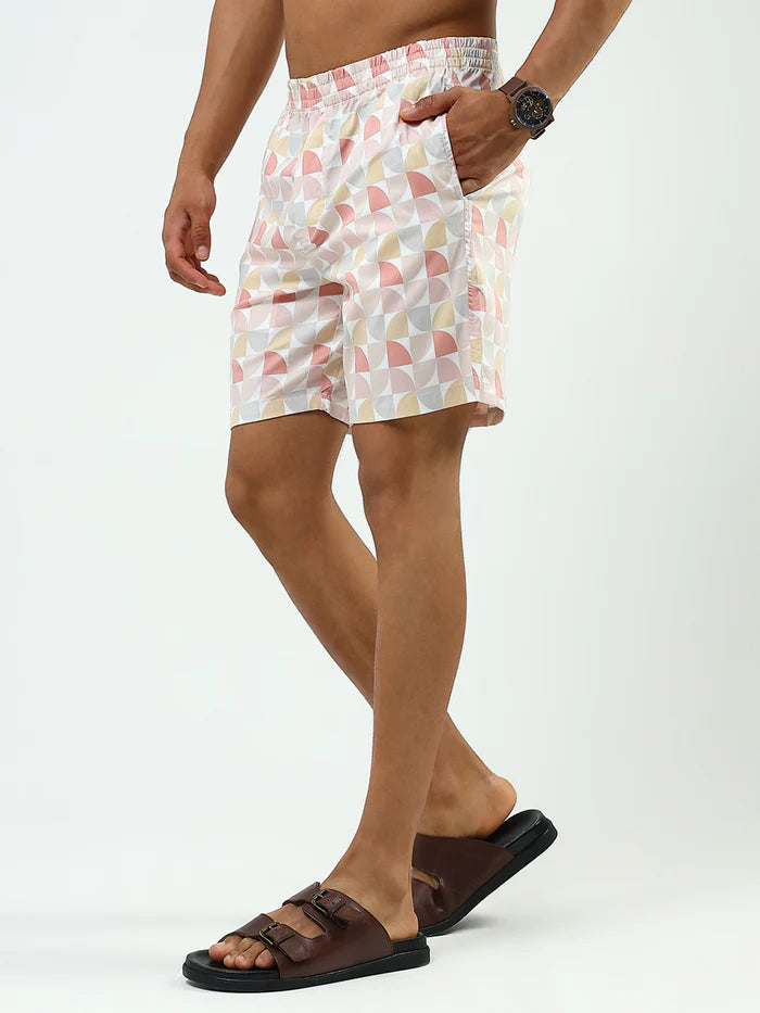 Men’s Geometric Print Co-ord Set – Short Sleeve Shirt & Shorts (Peach Multi)