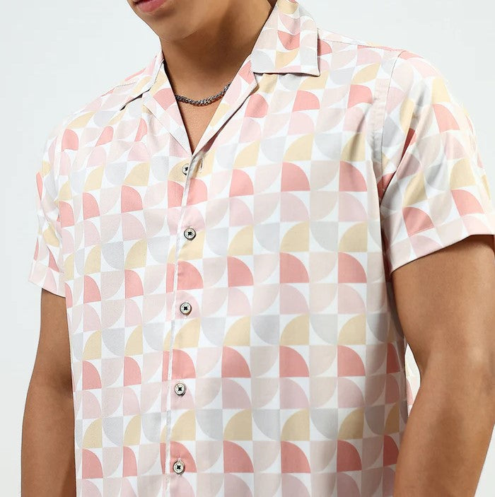 Men’s Geometric Print Co-ord Set – Short Sleeve Shirt & Shorts (Peach Multi)