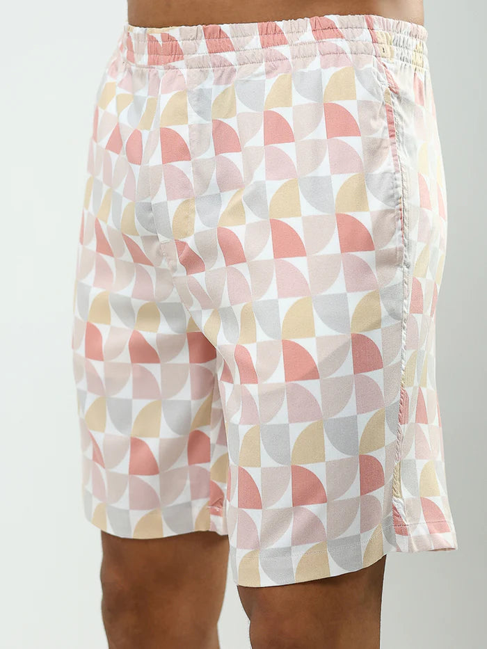 Men’s Geometric Print Co-ord Set – Short Sleeve Shirt & Shorts (Peach Multi)