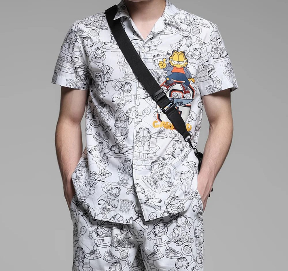 Men’s Garfield Printed Cord Set – Trendy Cartoon Streetwear Co-ord Shirt & Shorts Set