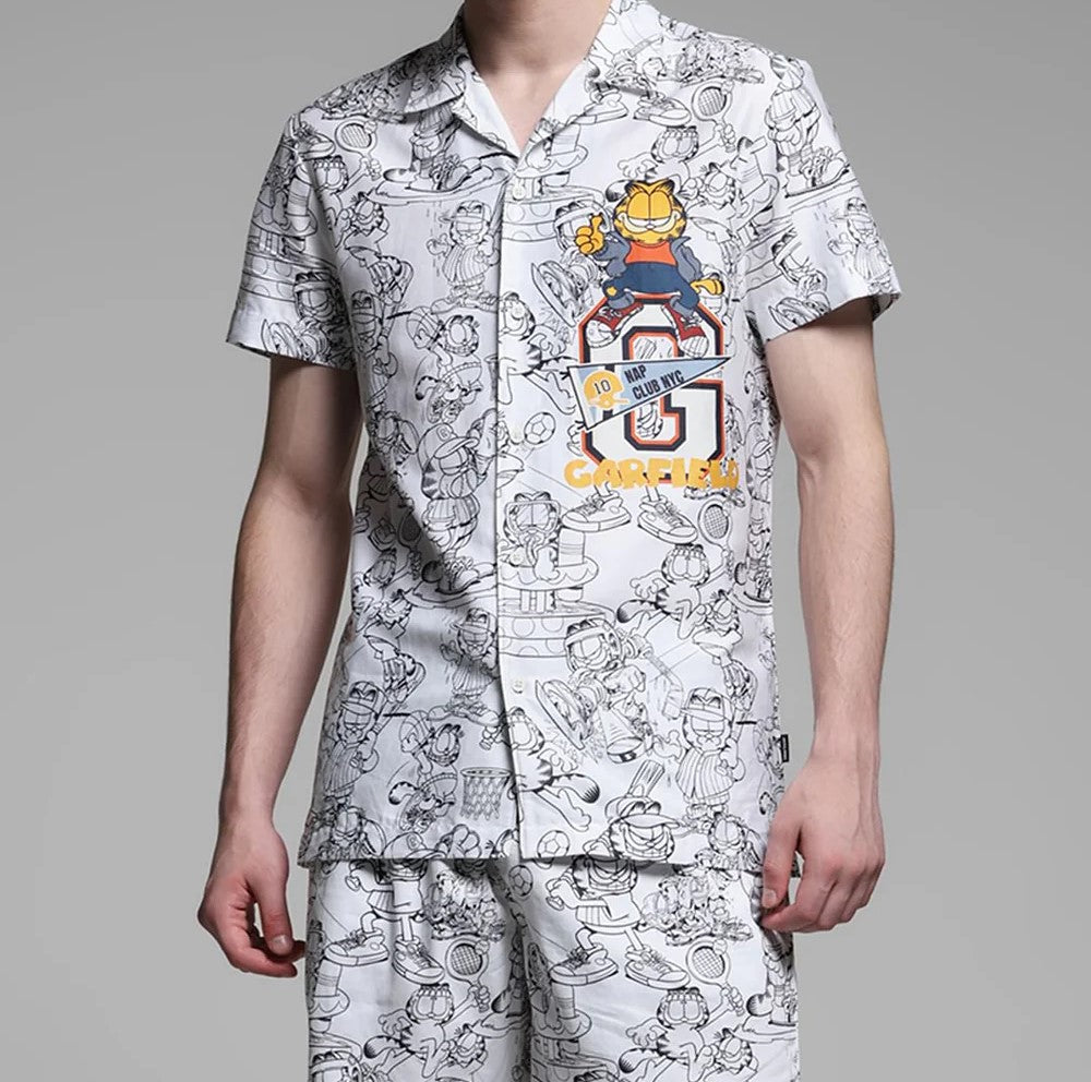 Men’s Garfield Printed Cord Set – Trendy Cartoon Streetwear Co-ord Shirt & Shorts Set