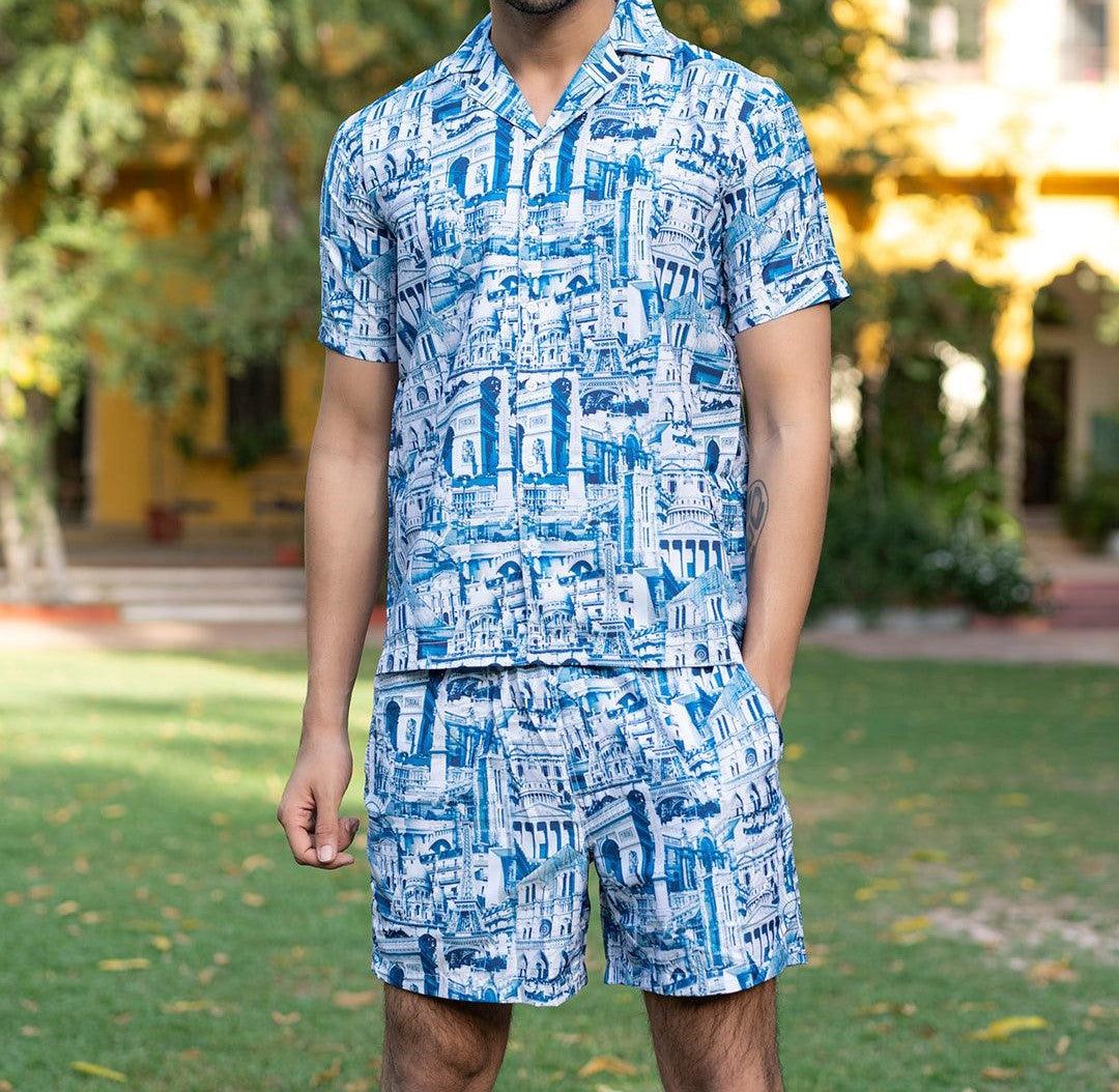 Men’s Blue Cityscape Print Co-ord Set – Short Sleeve Shirt & Shorts