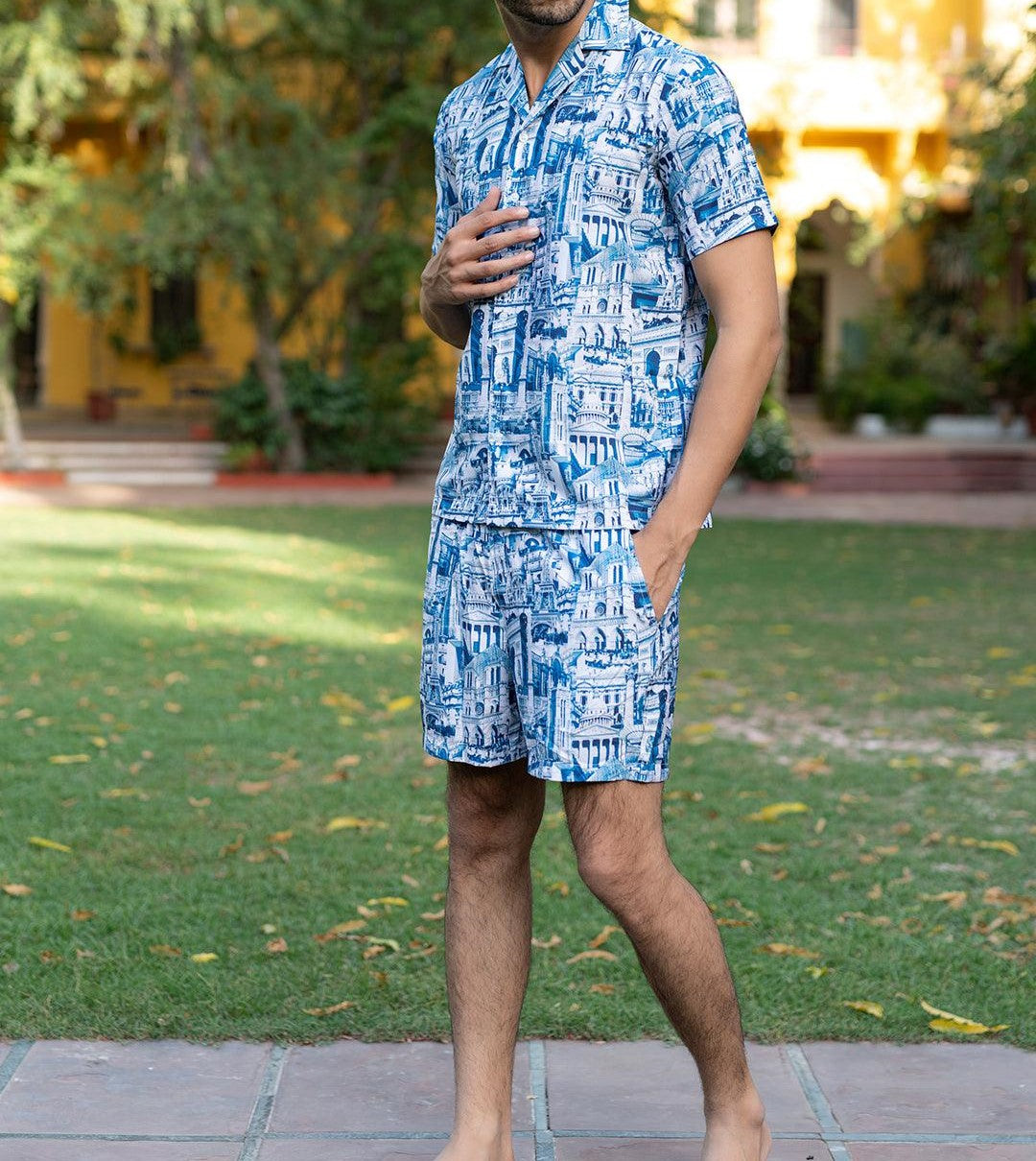 Men’s Blue Cityscape Print Co-ord Set – Short Sleeve Shirt & Shorts