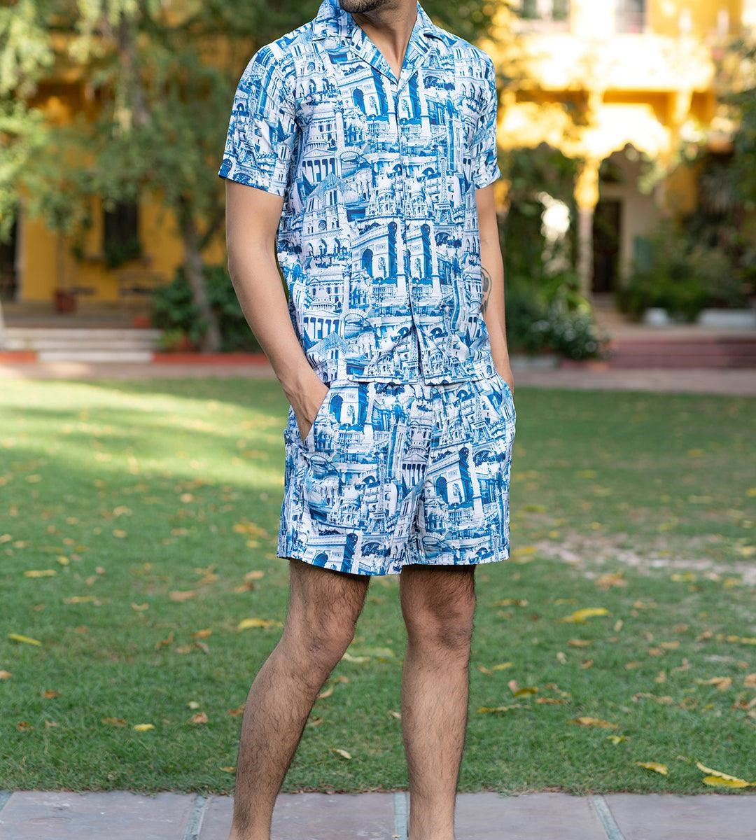 Men’s Blue Cityscape Print Co-ord Set – Short Sleeve Shirt & Shorts