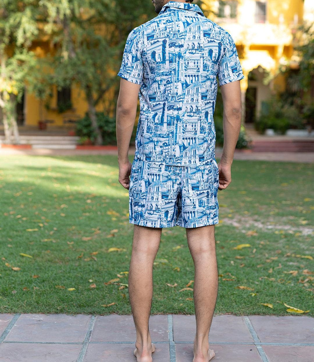 Men’s Blue Cityscape Print Co-ord Set – Short Sleeve Shirt & Shorts