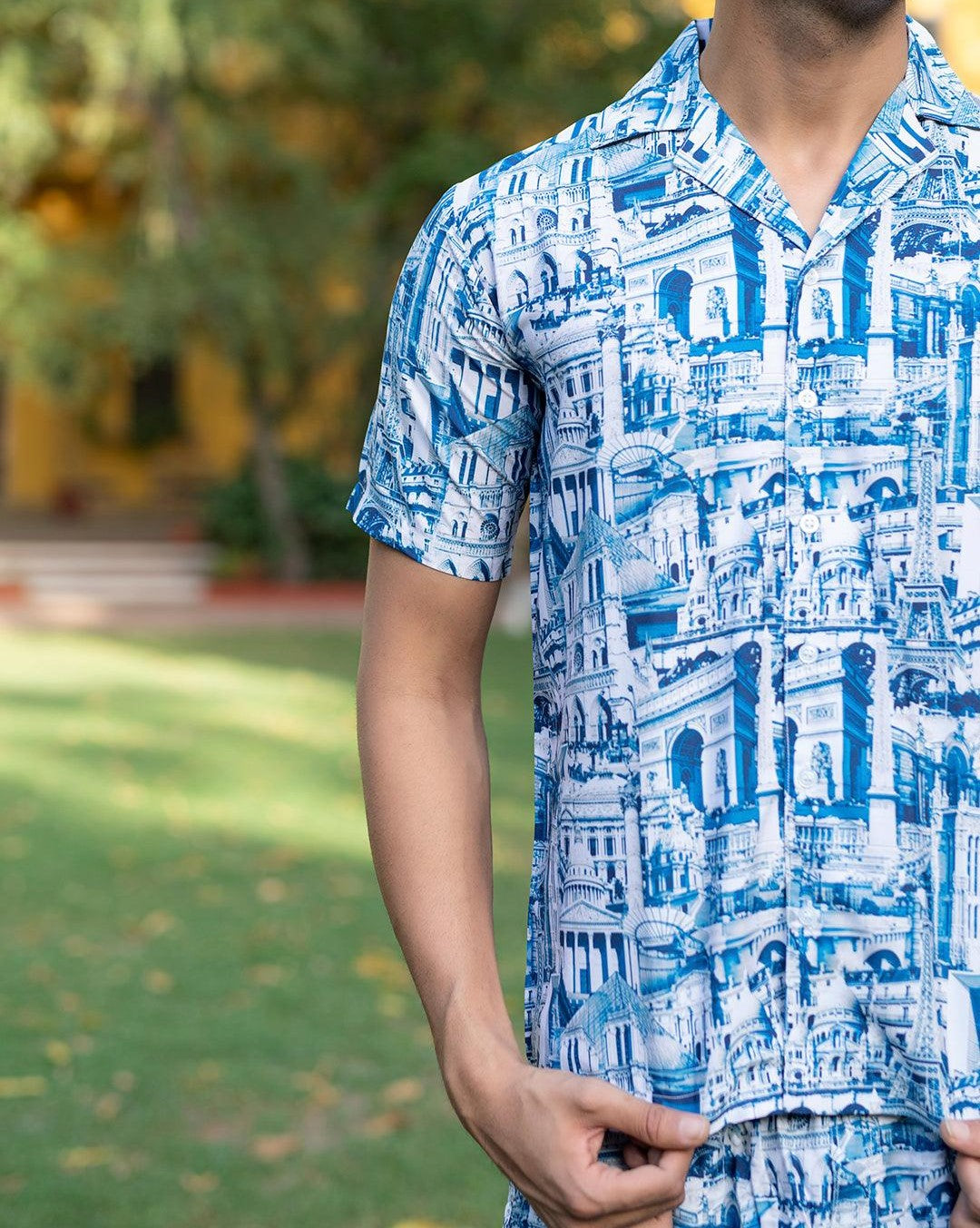 Men’s Blue Cityscape Print Co-ord Set – Short Sleeve Shirt & Shorts
