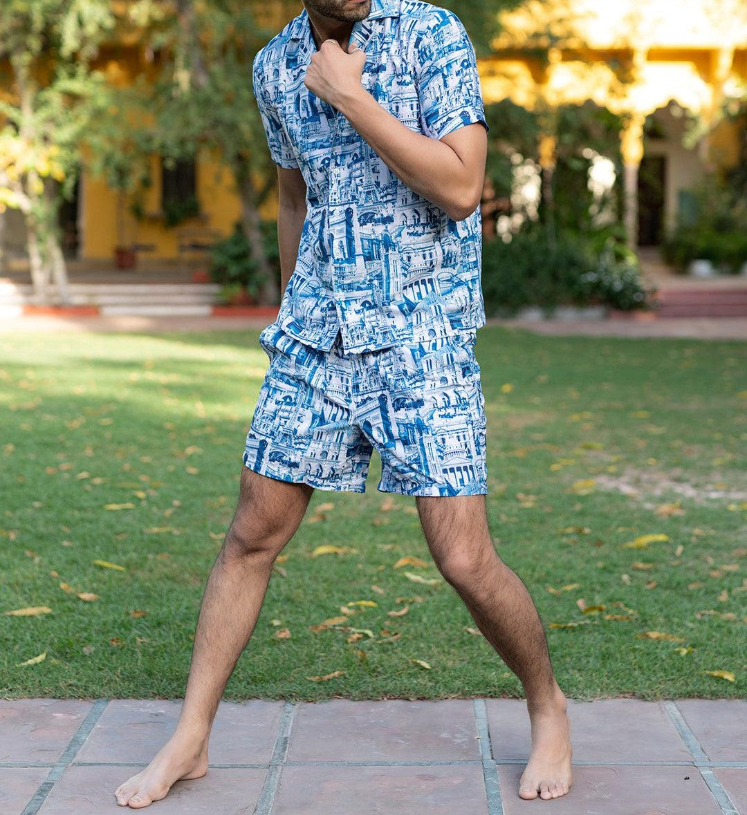 Men’s Blue Cityscape Print Co-ord Set – Short Sleeve Shirt & Shorts