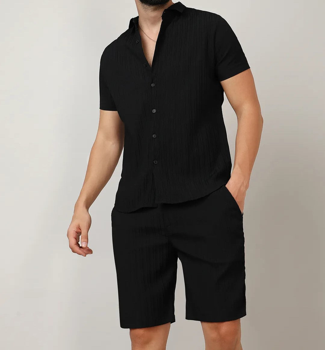 Men’s Solid Black Textured Co-ord Set – Short Sleeve Shirt & Shorts