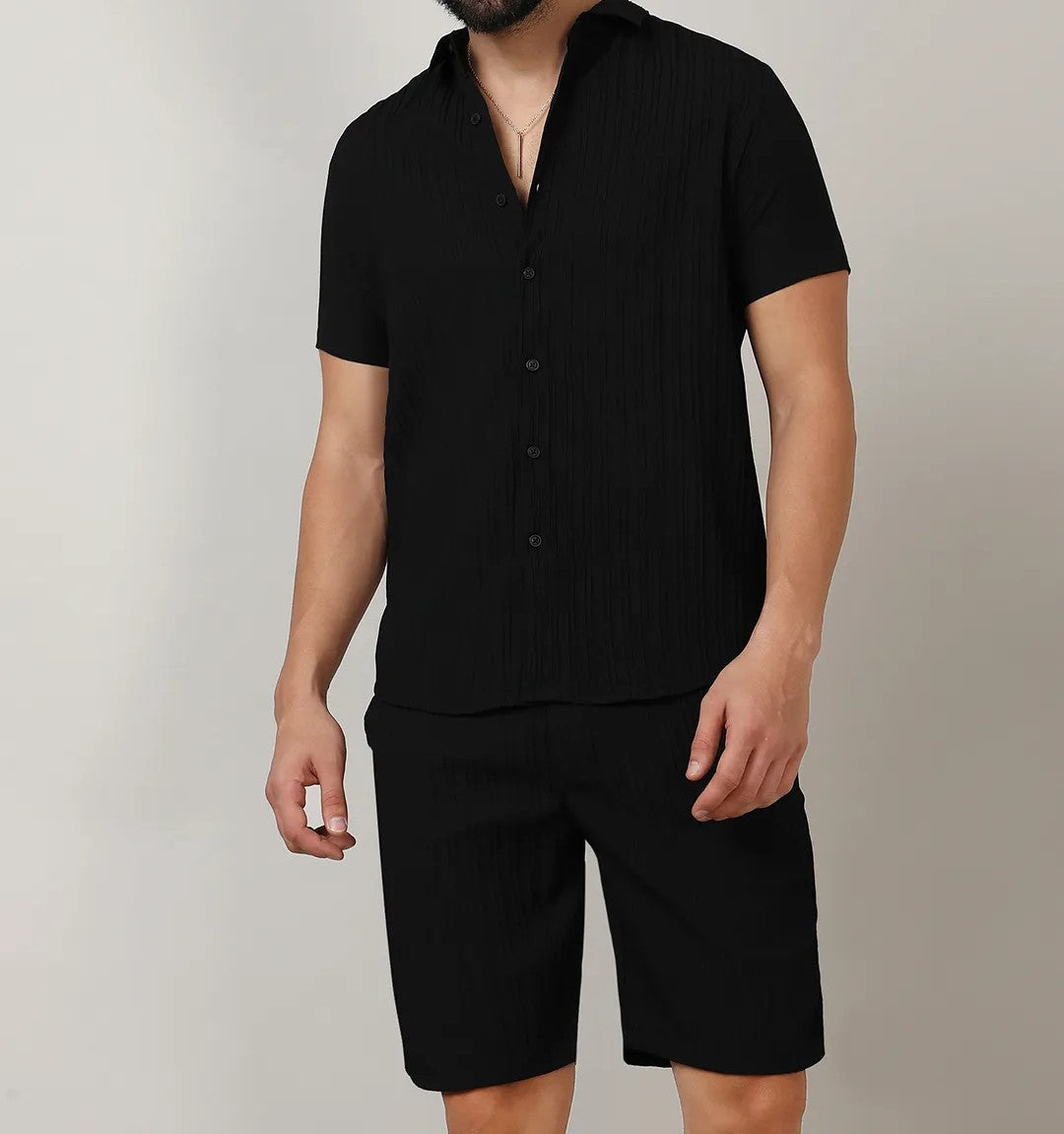 Men’s Solid Black Textured Co-ord Set – Short Sleeve Shirt & Shorts