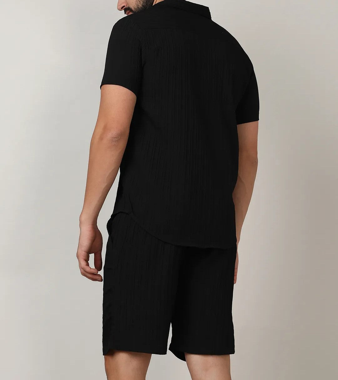 Men’s Solid Black Textured Co-ord Set – Short Sleeve Shirt & Shorts