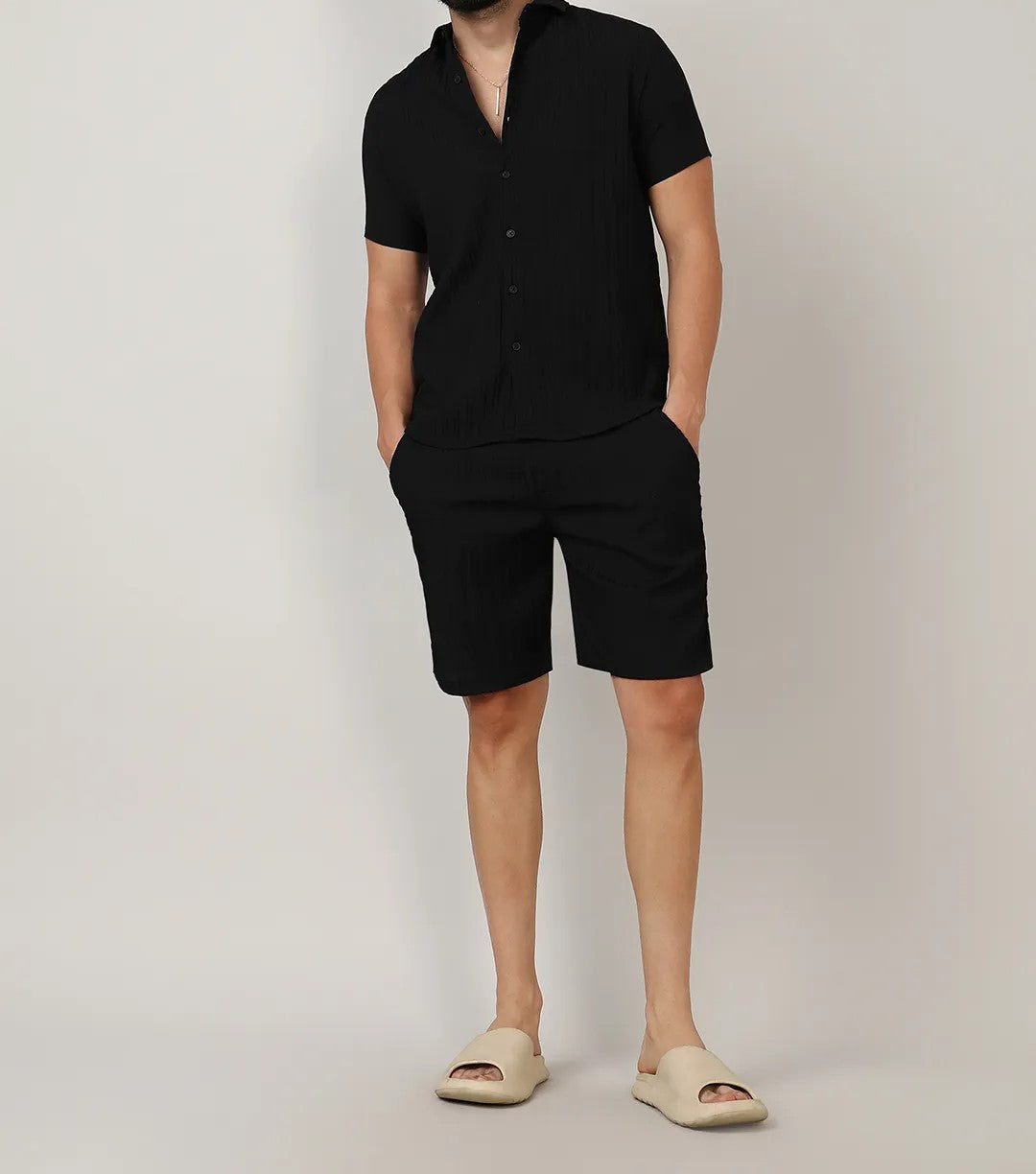 Men’s Solid Black Textured Co-ord Set – Short Sleeve Shirt & Shorts