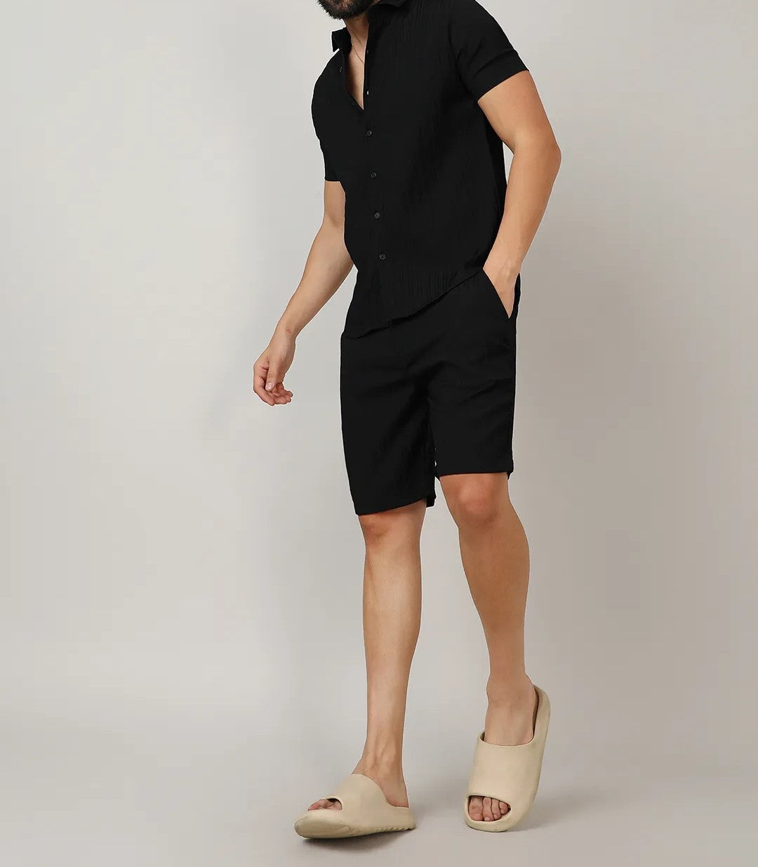 Men’s Solid Black Textured Co-ord Set – Short Sleeve Shirt & Shorts