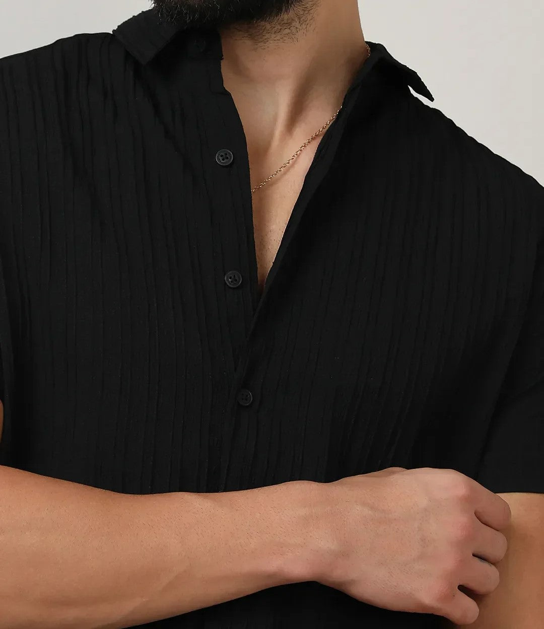 Men’s Solid Black Textured Co-ord Set – Short Sleeve Shirt & Shorts