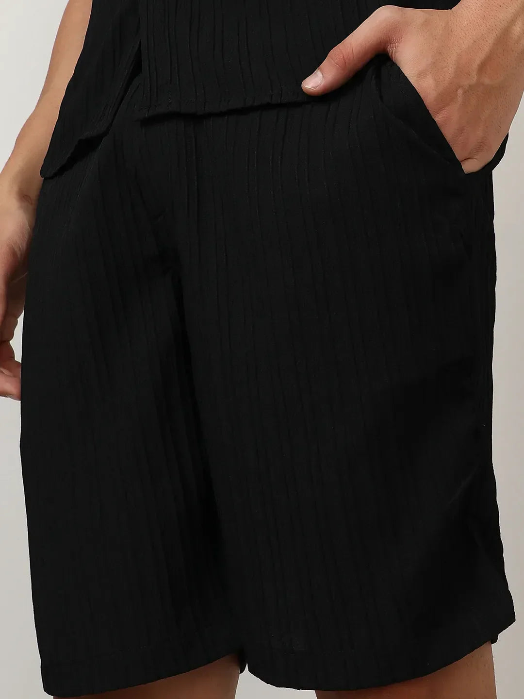 Men’s Solid Black Textured Co-ord Set – Short Sleeve Shirt & Shorts