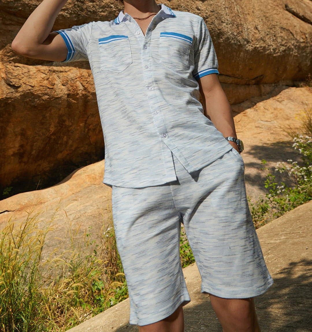 Men’s Light Blue Textured Co-ord Set – Short Sleeve Shirt & Shorts