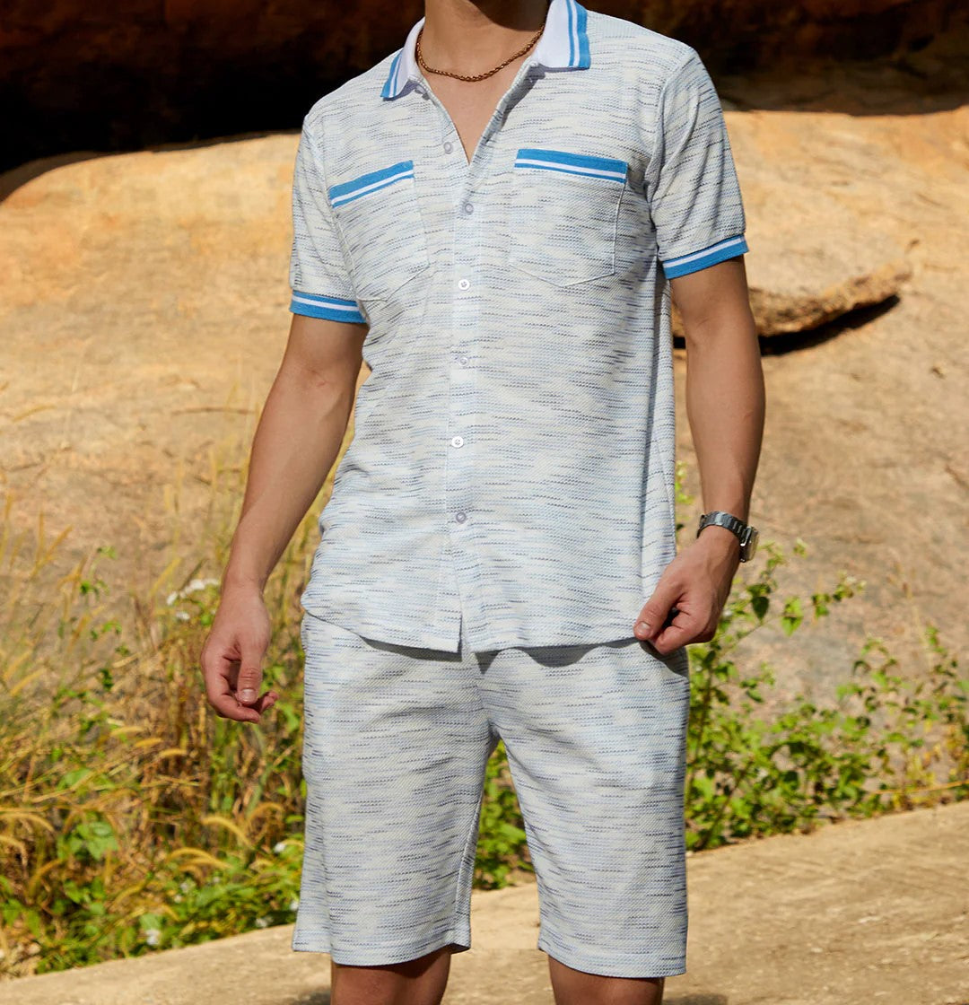 Men’s Light Blue Textured Co-ord Set – Short Sleeve Shirt & Shorts