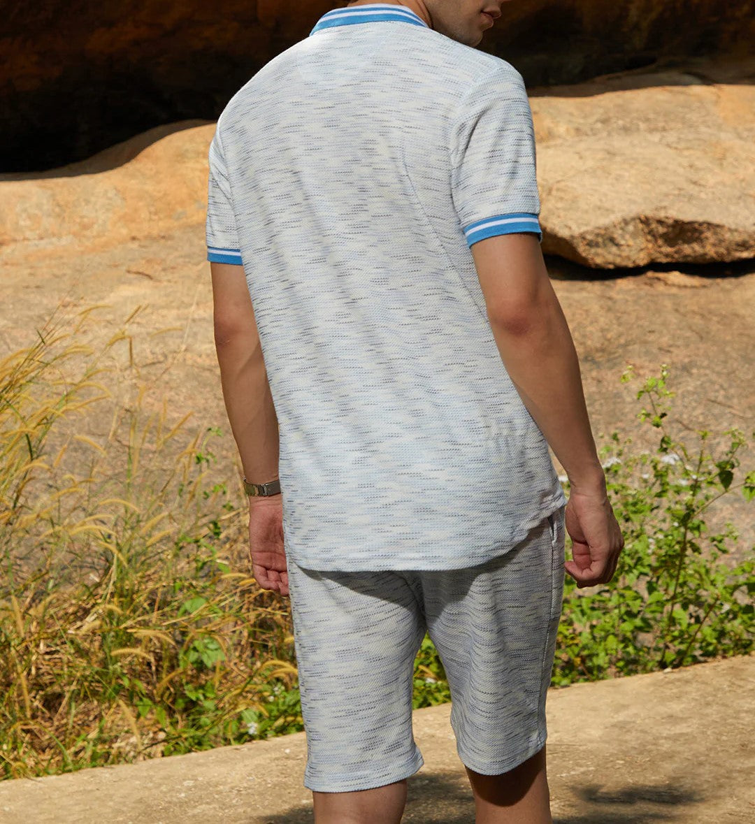 Men’s Light Blue Textured Co-ord Set – Short Sleeve Shirt & Shorts