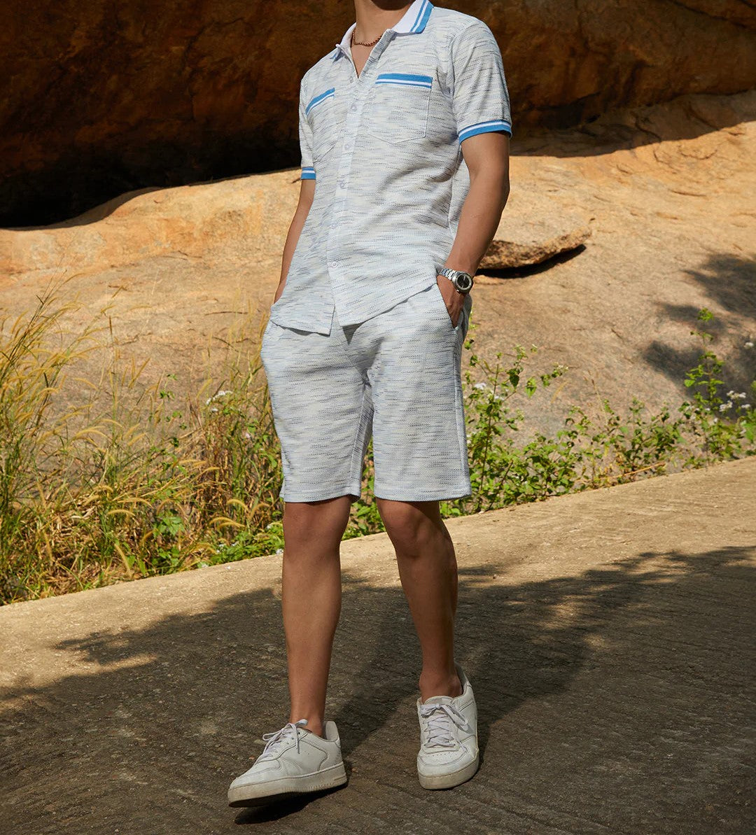 Men’s Light Blue Textured Co-ord Set – Short Sleeve Shirt & Shorts