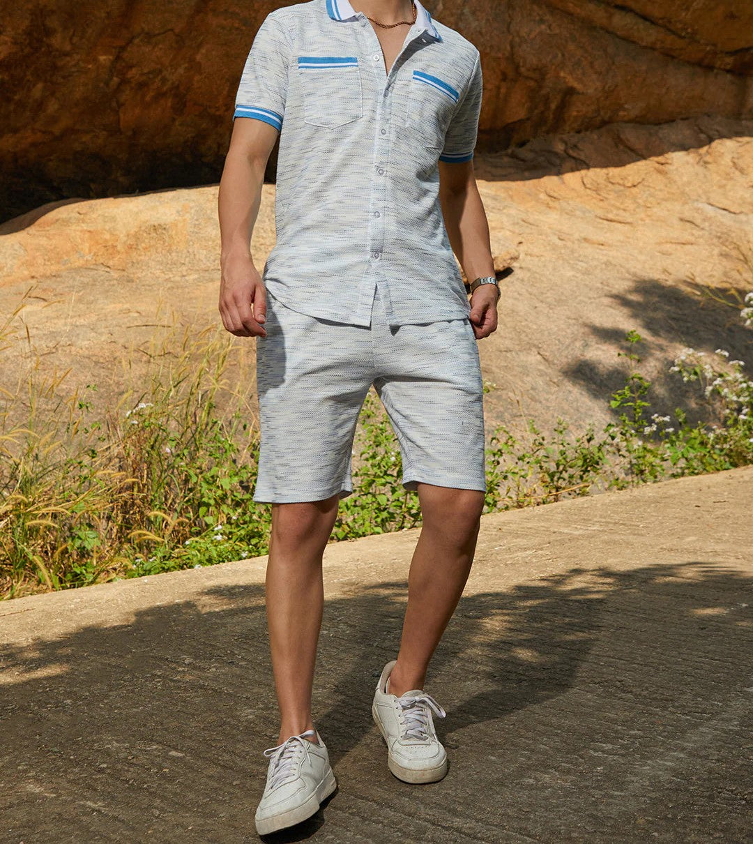 Men’s Light Blue Textured Co-ord Set – Short Sleeve Shirt & Shorts