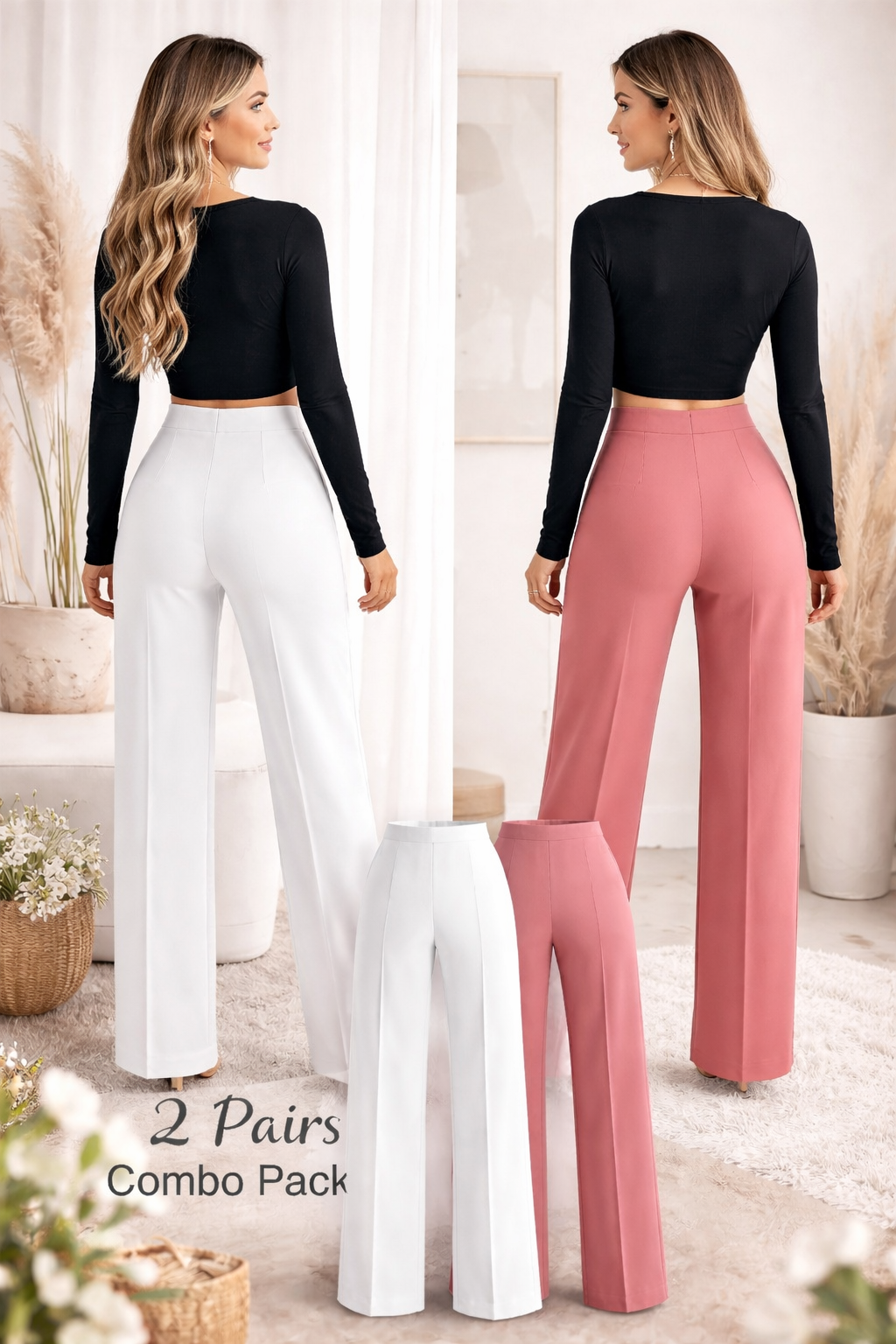 Elegant High-Waisted Wide Leg Trousers for Women – 2-Piece Combo Pack (White & Pink)